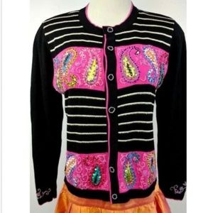 Just B Beaded Cardigan Sweater Retro Paisley 80s M